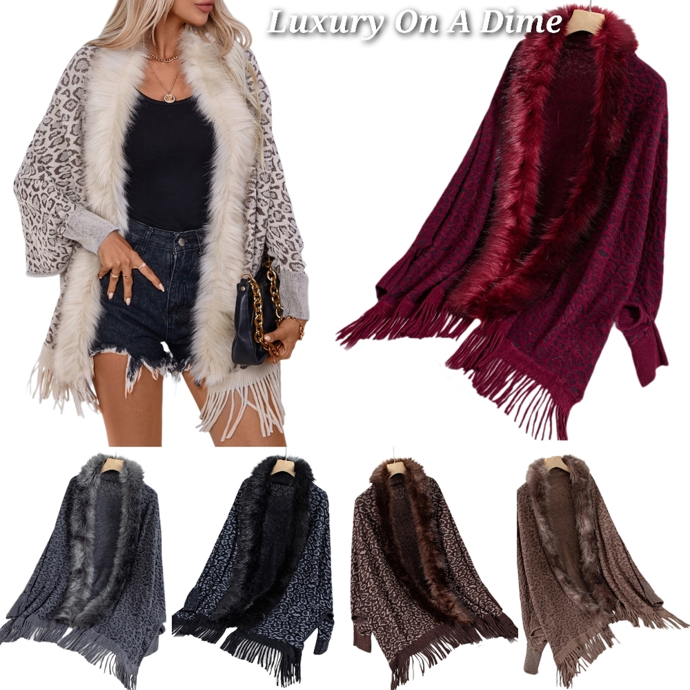 Plush Faux Fur Leopard Retro Fringe Boho Oversized Poncho Knit Cardigan Jacket - Picture 15 of 16